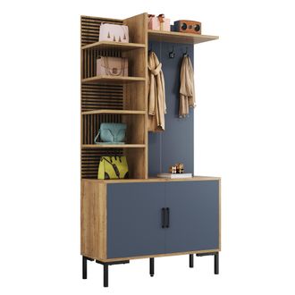 STILVORA Mueble De Entrada Con 4 Estantes Laterales Y Ganchos, Estante Inferior Ajustable, Estilo Moderno, En Tablero, Natural, 100&times;40&times;190,5 Cm