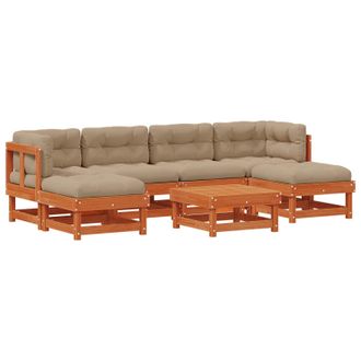 vidaXL Conjunto De Sof&aacute;s De Jard&iacute;n 7 Pcs Marr&oacute;n Cera Pino Macizo Vidaxl