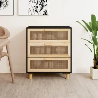 vidaXL Vidaxl - Aparador Negro Madera Pino Maciza Y Rat&aacute;n Natural 60x30x70 Cm