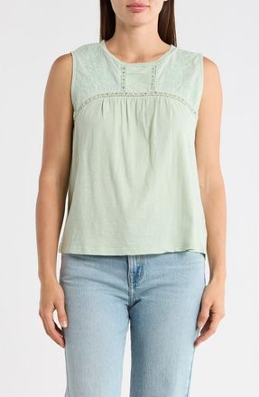 Lucky Brand Embroidered Yoke Cotton Tank in Frosty Green at Nordstrom Rack, Size X-Small