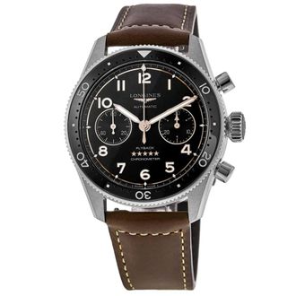 Longines Spirit Flyback Automatic Chronograph Black Dial Brown Leather Strap Mens Watch L3.821.4.53.2