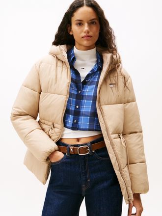Tommy Jeans Steppjacke TOMMY JEANS TJW HOODED MIDI PUFFER JACKET, Damen, Gr. XL (42), malted milk, Web, Obermaterial: 100% Nylon, unifarben, regular fit wadenlang