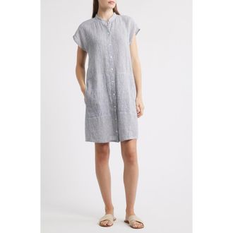 Eileen Fisher Band Collar Stripe Organic Linen Shirtdress in Ink at Nordstrom Rack, Size X-Large