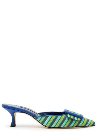 Manolo Blahnik Maysalebi 50 Striped Cotton and Leather Mules - Blue - 40 (IT40 / UK7)