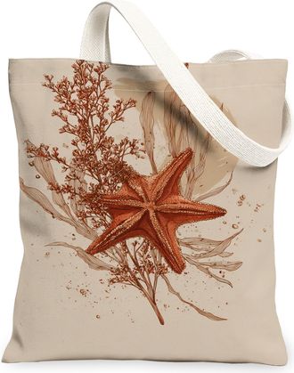 Generic Starfish Floral Canvas Tote Bags, Bohemian Plant Pattern Reusable Grocery Bags, Vintage Lightweight Washable Shoulder Strap, Beige, 13x15 Inch