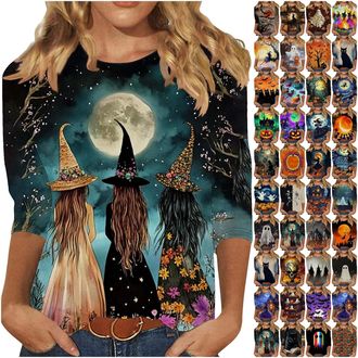 Generic Women 3/4 Sleeve Halloween T Shirt Crew Neck Halloween Graphic Tee Shirts Plus Size Fall Outfits Loose Fit Printed Casual Fashion Tops