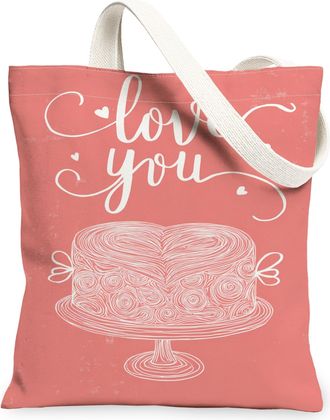Generic ValentineS Day Floral Canvas Tote Bags, Heart Cake Design Reusable Grocery Bags, Lightweight Washable Shoulder Strap, Coral, 13x15 Inch