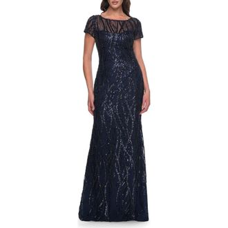 La Femme Beaded Print Fitted Evening Dress with Illusion Neckline in Navy at Nordstrom, Size 14