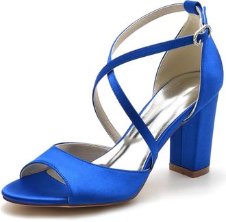 Generic Wedding Bridal Shoes Womens Chunky Block Heels Open Toe Ankle Strap Heeled Sandals High Heels Satin Bridal Shoes 8.5Cm,Royal Blue,5 UK