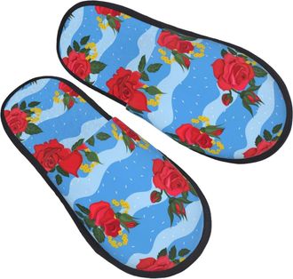 Generic House Slippers Red Blue Roses Non-Slip Fleece Slippers Reusable Anti-Slide Slipper For Home Ladies Bedroom L