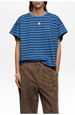 Bimba & Lola Striped Cropped T-shirt With Embroidered Logo in Blue at Nordstrom, Size X-Small Eu