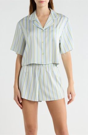 Open Edit Boxy Stretch Satin Short Pajamas in Blue- Green Charlie Stripe at Nordstrom, Size X-Small