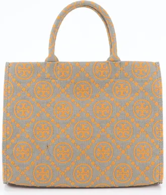 Tory Burch Gray Orange Leather Canvas Handbag Shoulder Bag Tote Bag (Pre-Owned)