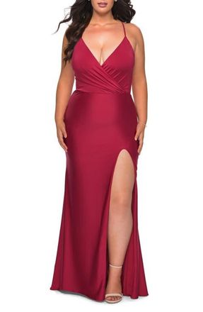La Femme Jersey Dress for Curves with Slit and Criss Cross Back in Burgundy at Nordstrom, Size 16W