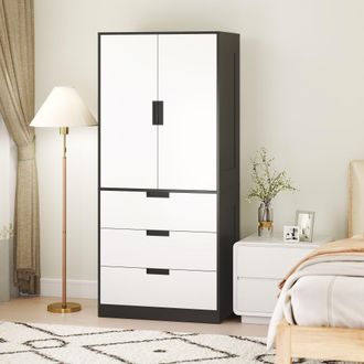 HOMCOM 2 Door Wardrobe Grey Wardrobe with 3 Drawer & Hanging Rod for Bedroom in White