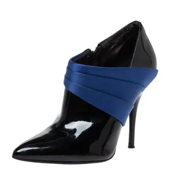 Casadei Black/blue Pleated Satin And Patent Leather Ankle Booties