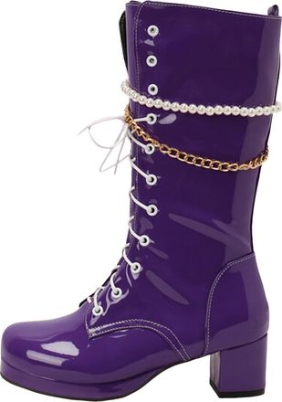 Generic Winter Ladies Fashion Pearl Beaded Tassel Decorated Chunky High Heel Leather Mid Calf Boots in Candy Colors for Big Sizes (Purple, 5. 5)