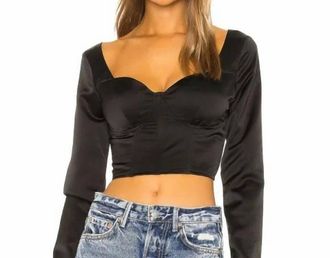 Guizio Satin Bustier Long Sleeve Crop Top In Black