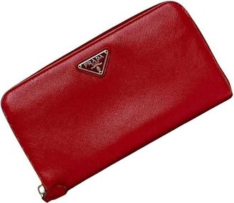 Prada Red Color Saffiano Long Wallet (Bi-Fold) (Pre-Owned)