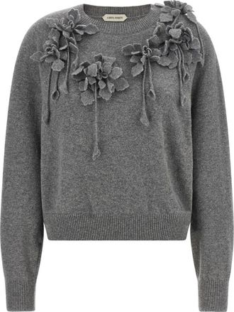 Alberta Ferretti Pure Merino Wol Trui met Bloemenborduursel - Dames - Ronde hals truien - Grijs - S - Wol - Truien & Vesten
