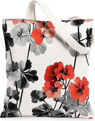 Generic Spring Geranium Flower Canvas Tote Bag for Shopping 13x15, Simple Cute Florals Plant Reusable Grocery Print Bag for Women, Botanical Beach Aesthetic P