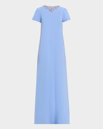 Pamella Roland Embellished Neckline Crepe A-Line Gown