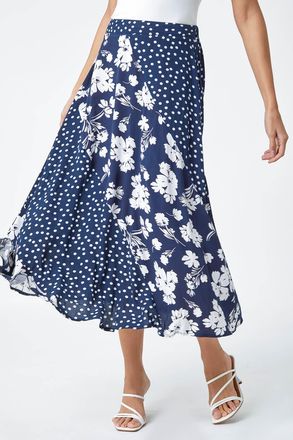 Roman Mixed Floral Spot Print A Line Midi Skirt