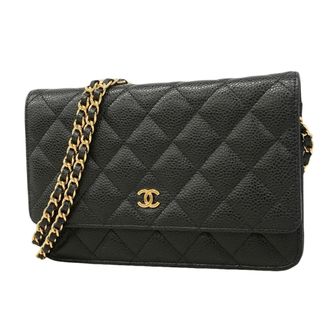 Chanel Black Grained Calfskin Chain/Shoulder Wallet (Pre-Owned)