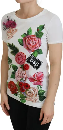 Dolce & Gabbana Womens White Rose Dglogo Printed Short Sleeves Top Cotton