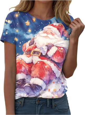 Generic Christmas Shirts for Women Merry Christmas Printed Short Sleeve T-Shirts Xmas Holiday Tees Tops Red Wine Glass Printed Loose Fit Funny Novelty Pullove