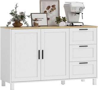 HOMCOM aparador 2 puertas, aparador para salón moderno, con 3 cajones, estante ajustable, patas de madera, para comedor, entrada, 120x38x76 cm, blanco