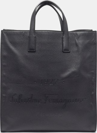 Ferragamo Logo Embossed Black Leather Tote