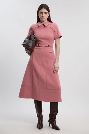 Karen Millen Womens Compact Stretch Tab Detail Full Skirted Midi Dress - Rose - Size 16 UK