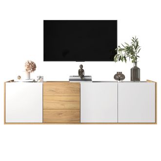 STILVORA Mueble De Tv Con 3 Puertas Y 3 Cajones, De Suelo O De Pared, Estantes Ajustables, En Mdf, 171,5&times;35&times;47 Cm, Blanco Y Madera