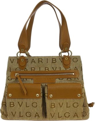 Bulgari Logomania Handbag Canvas Brown Canvas Handbag (Pre-Owned)