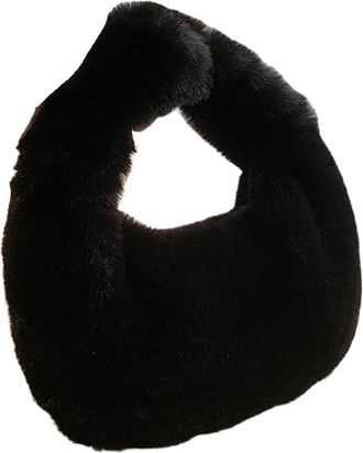 Generic SCompatible For olid Color Plush Dumpling Bag Simple Style Niche Design Faux Fur Handbag Tote Small Womens Underarm Hobo(Black B)