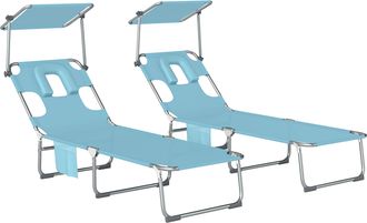 OUTSUNNY Set De 2 Tumbonas Plegables Con Reposacabezas, Dosel 360&deg;, Orificio Facial, Bolsillo Lateral, Respaldo Reclinable Y Textilene 550 G/m&sup2;, Azul