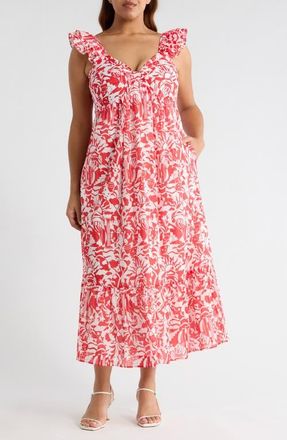 Sugarlips Aster Yare Smocked Cotton Midi Sundress in White-Red at Nordstrom, Size 1 X