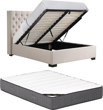 Vente-Unique Canap&eacute; abatible 160 x 200 cm con cabecero acolchado - Tela - Beige + Colch&oacute;n - MASSIMO II