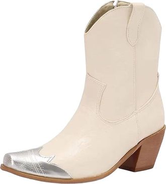 Generic Womens Western Cowboy Ankle Booties Square Toe High Block Heel With Side Zipper For Leisure And Casual Wear