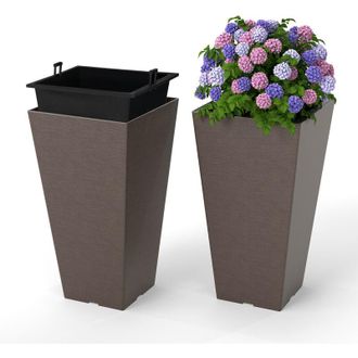 Costway Square Taper Planter Set of 2 57cm Self-Watering Flower Pots-Brown