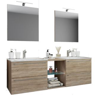 VCM 3 Pcs Set 2 Lavabos, 2 Espejos, 2 Lavabos, 1 Compartimento Medio Lavabo De Cer&aacute;mica Gabinete Inferior 195 Cm Mueble De Ba&ntilde;o Set De Lavadero Doble - Ba