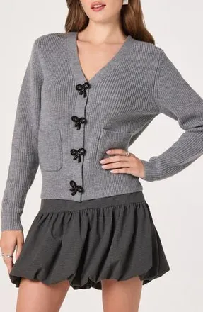 ASTR the Label Crystal Embellished Bow Detail Cardigan in Grey at Nordstrom Rack, Size X-Large