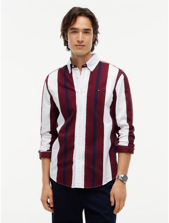 Tommy Hilfiger Mens Regular Fit Striped Oxford Shirt - Optic White/Burgundy Stripe - XXL
