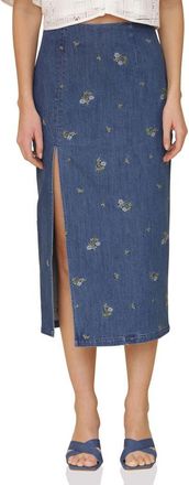 Avec Les Filles Floral Embroidered High Slit Denim Midi Skirt in Kauri Wash W Ditsy F at Nordstrom, Size 4