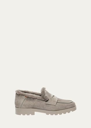 Santoni Shearling-Lined Suede Penny Loafers