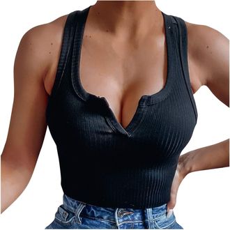 Generic Ribbed Running Gym Vest Tops Women UK, Racer Back Scoop Neck Athletic Solid Tank Tops Black