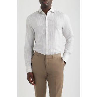 BOSS Hank Slim Fit Plaid Linen & Cotton Shirt in Open Beige at Nordstrom, Size 14.5