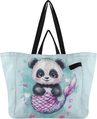 Generic Mermaid Heart Panda Blue pattern Reusable Canvas Tote Bag, Heavy Duty Grocery Shopping Bag with Large Capacity Double Handles Hard Bottom Work Groceri