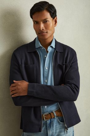 Reiss Navy Knitted Zip-through Jacket, XS